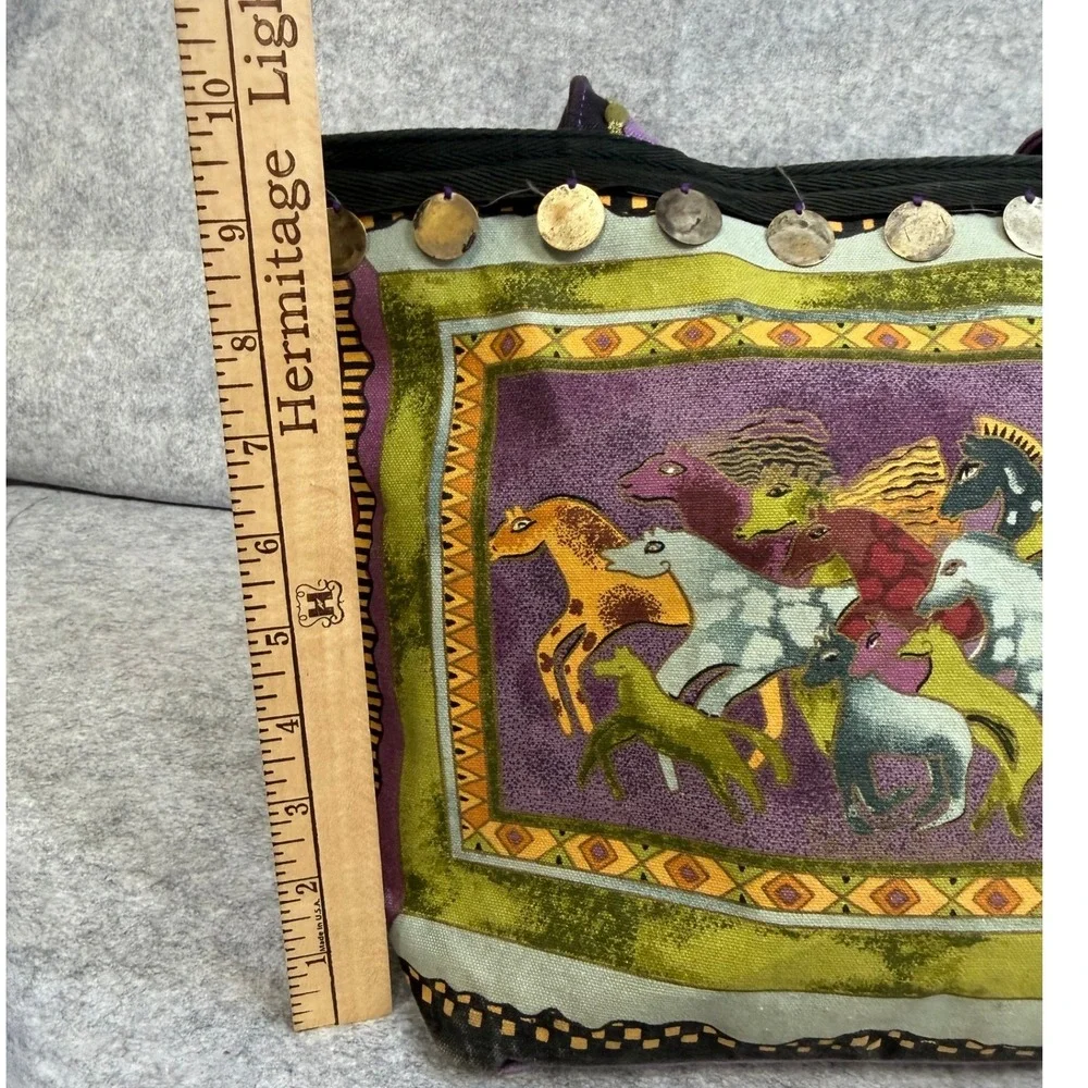 Laurel Burch Wild Horse Canvas Tote Bag Purple Green‎ Shoulder Bag Coins *READ*